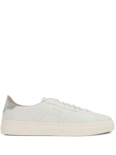 Santoni Tumbled Leather Double Buckle Trainer In White