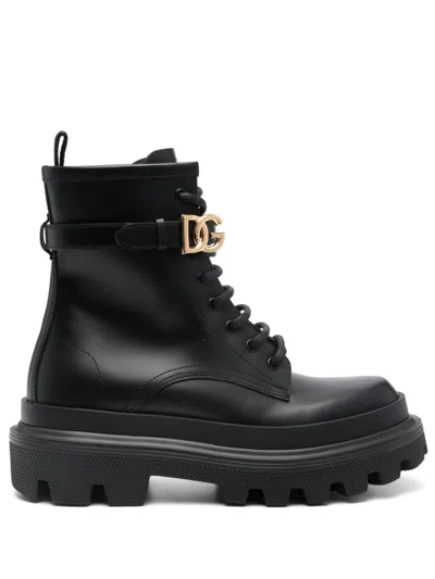 Dolce & Gabbana Leather Dg Lace-up Ranger Booties In Black