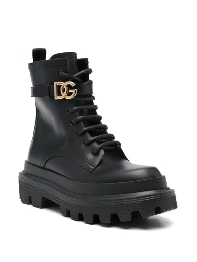 Dolce & Gabbana Leather Dg Lace-up Ranger Booties In Black