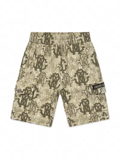 Roberto Cavalli 3d Monogram-print Cargo Shorts In Brown