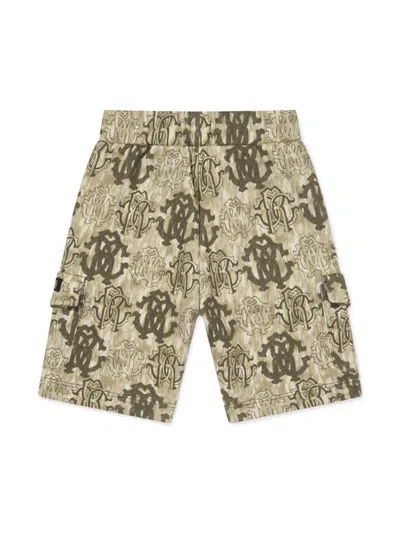 Roberto Cavalli 3d Monogram-print Cargo Shorts In Brown