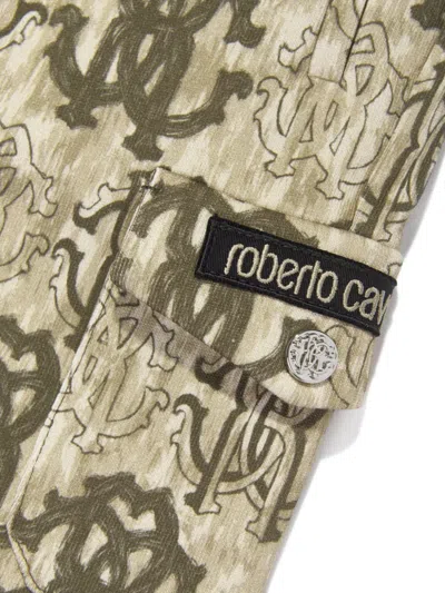Roberto Cavalli 3d Monogram-print Cargo Shorts In Brown