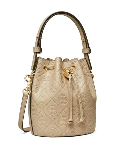 Tory Burch Mini T Monogram Leather Bucket Bag In Neutrals