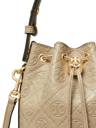 Tory Burch Mini T Monogram Leather Bucket Bag In Neutrals