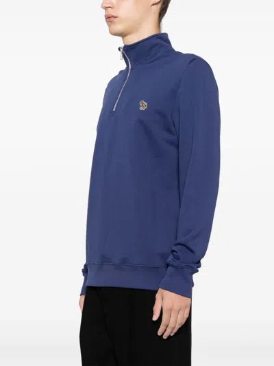 Ps By Paul Smith Zebra Logo Half Zip Knit Sweater In Blue