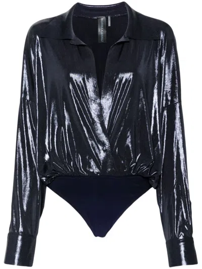Norma Kamali Super Oversized Boyfriend Nk Shirt Bodysuit In Blue