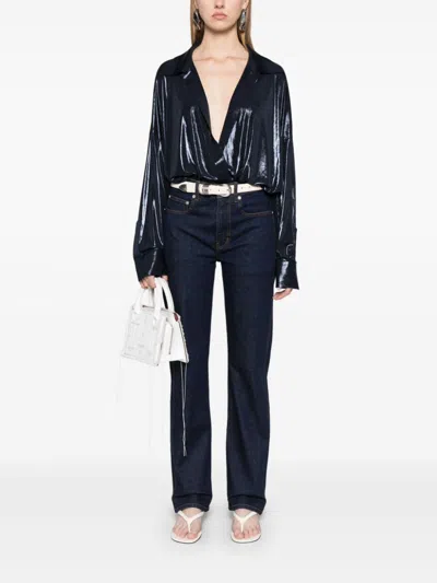 Norma Kamali Super Oversized Boyfriend Nk Shirt Bodysuit In Blue