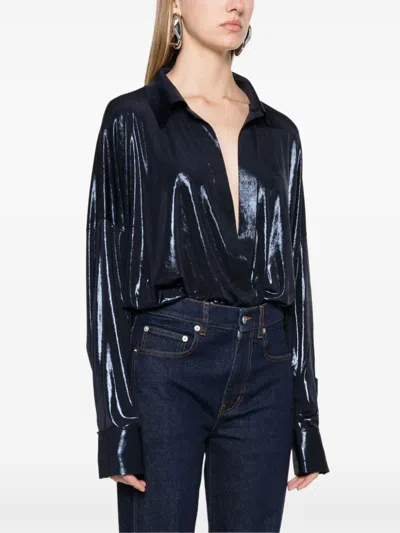 Norma Kamali Super Oversized Boyfriend Nk Shirt Bodysuit In Blue