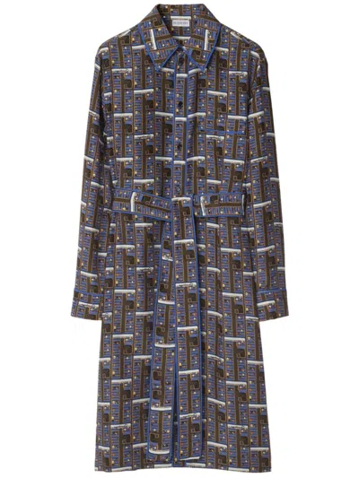 Burberry Silk Bus Print Midi Dress In Blue