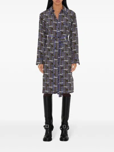 Burberry Silk Bus Print Midi Dress In Blue