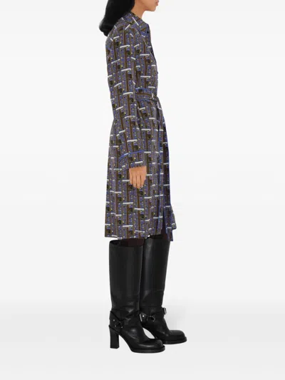Burberry Silk Bus Print Midi Dress In Blue