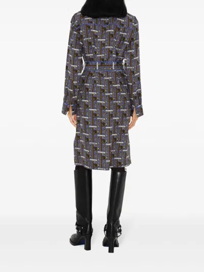 Burberry Silk Bus Print Midi Dress In Blue
