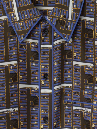 Burberry Silk Bus Print Midi Dress In Blue