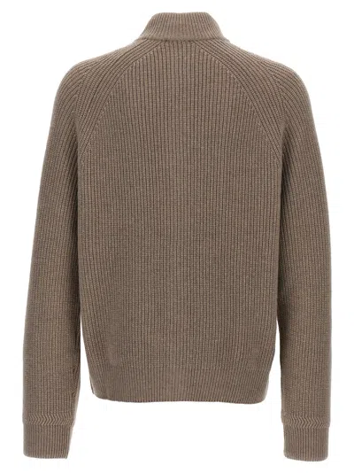 Giorgio Armani Ribbed Texture High Neck Cardigan With Front Pockets In Beige
