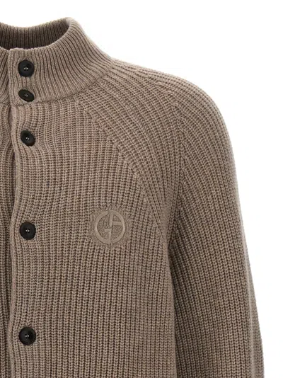 Giorgio Armani Ribbed Texture High Neck Cardigan With Front Pockets In Beige