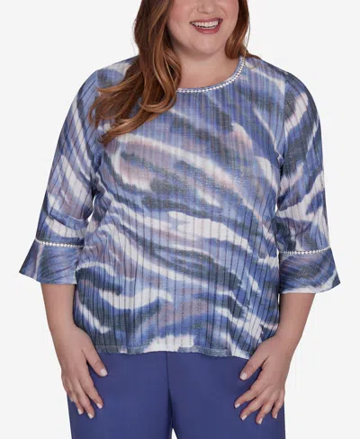 Alfred Dunner Plus Size Worth Avenue Watercolor Animal Stripe Bell Sleeve Top In Multi Purple
