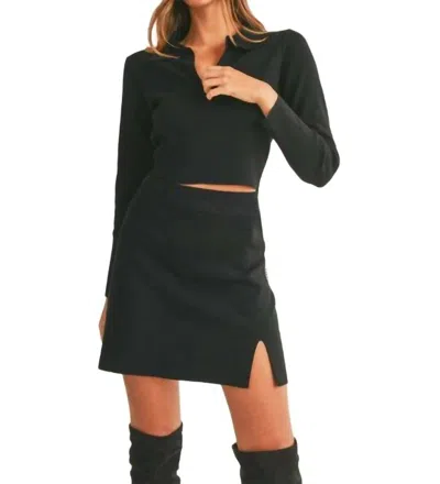 Mable Collared V-neck Knit Sweater & Mini Skirt Set In Black In Black