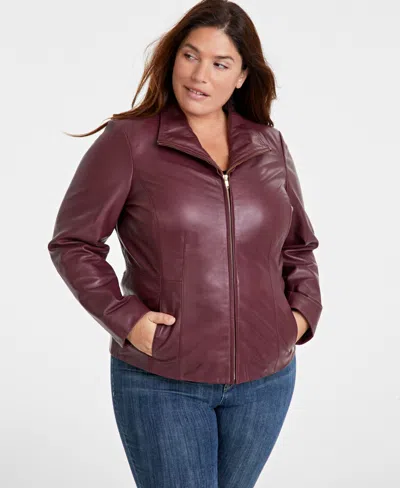 Cole Haan Womens Plus Size Leather Jacket In Burgundy