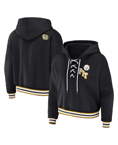 Wear By Erin Andrews Black Pittsburgh Steelers Plus Size Lace-up Pullover Hoodie In Black