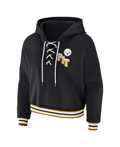 Wear By Erin Andrews Black Pittsburgh Steelers Plus Size Lace-up Pullover Hoodie In Black