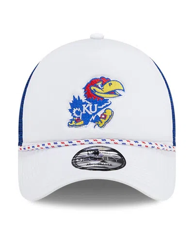 New Era Men's White/royal Kansas Jayhawks Court Sport Foam A-frame 9forty Adjustable Trucker Hat In White,royal