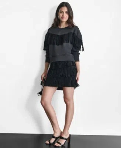 Dkny Womens Embellished Fringe Top Studded Fringe Mini Skirt In Black