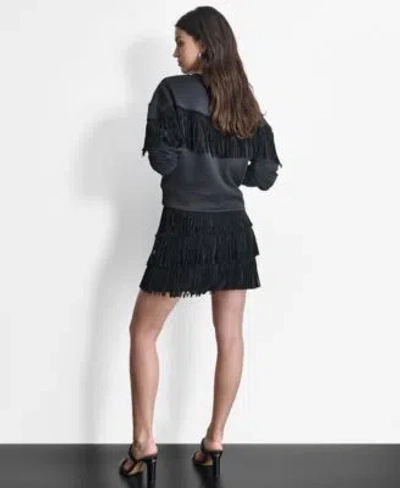 Dkny Womens Embellished Fringe Top Studded Fringe Mini Skirt In Black