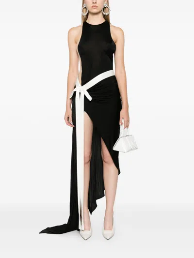 Shop David Koma Satin Bow-detail Midi Dress In 黑色