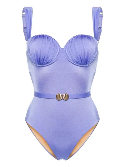 Shop Noire Swimwear Belted Ruched Balconette Swimsuit In 紫色