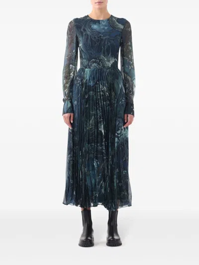 Jason Wu Collection Long-sleeve Pleated Chiffon Midi Dress In 蓝色