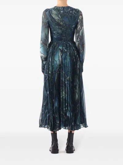 Jason Wu Collection Long-sleeve Pleated Chiffon Midi Dress In 蓝色