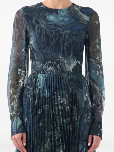 Jason Wu Collection Long-sleeve Pleated Chiffon Midi Dress In 蓝色