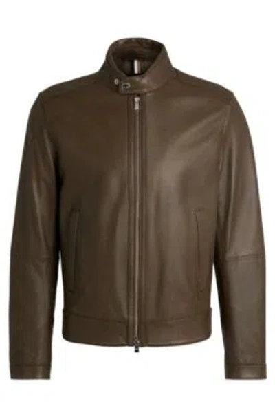 Hugo Boss Regular-fit Jacket In Grained Leather In Light Green