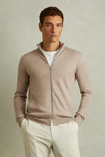 Shop Reiss Wheat Melange Hampshire Merino Wool Zip-through Funnel-neck Cardigan