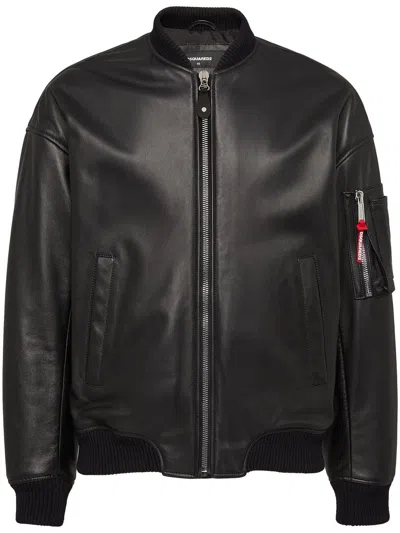 Dsquared2 Black Lambskin Jacket With Ribbed Collar In Black