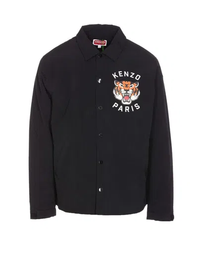 Kenzo Black Overshirt With Tiger Embroidery In Tech Fabric Man In Black