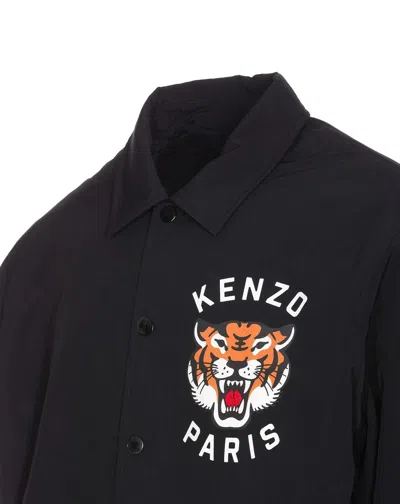 Kenzo Black Overshirt With Tiger Embroidery In Tech Fabric Man In Black