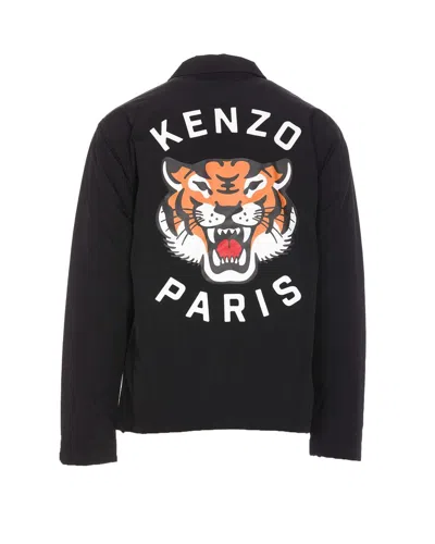 Kenzo Black Overshirt With Tiger Embroidery In Tech Fabric Man In Black