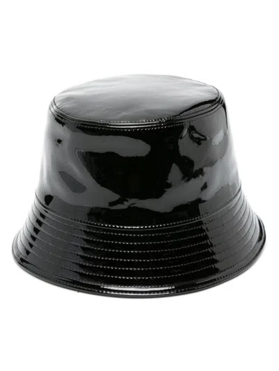 Prada Triangle-logo Patent-leather Bucket Hat In Black