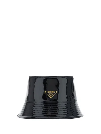 Prada Triangle-logo Patent-leather Bucket Hat In Black