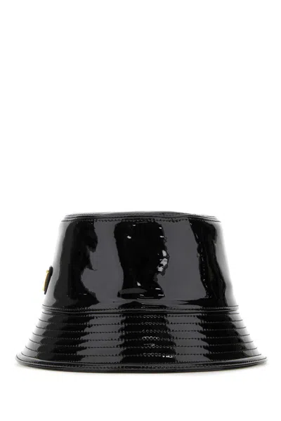 Prada Triangle-logo Patent-leather Bucket Hat In Black