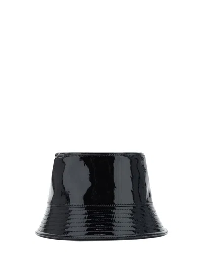 Prada Triangle-logo Patent-leather Bucket Hat In Black