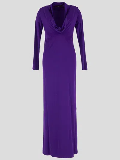 Versace Cowl-neck Draped Satin Gown In Purple