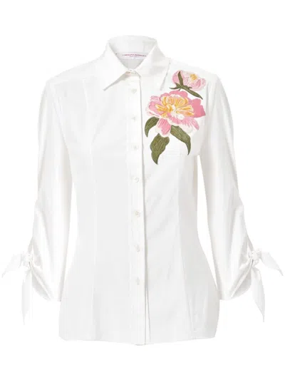 Carolina Herrera Floral Embroidered Tie-sleeve Button-down Shirt In White