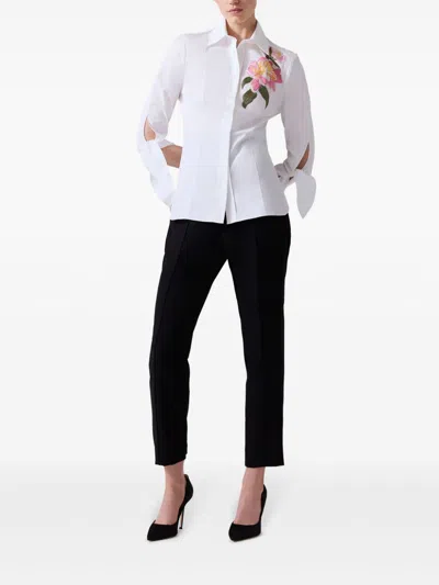 Carolina Herrera Floral Embroidered Tie-sleeve Button-down Shirt In White