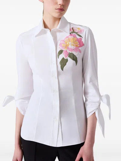Carolina Herrera Floral Embroidered Tie-sleeve Button-down Shirt In White