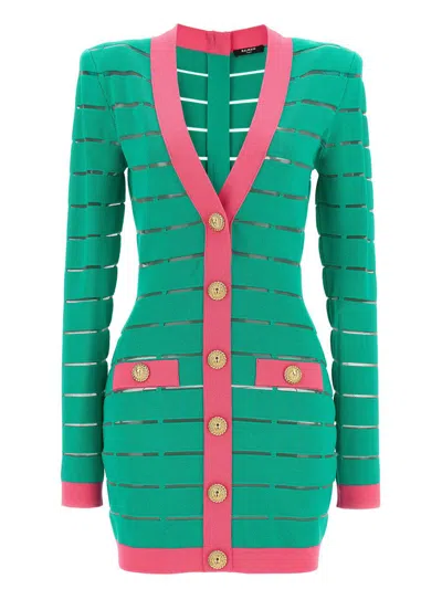 Balmain Two-tone Knit Dress Featuring Button Detailing In Green