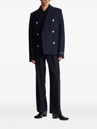 Balmain Double-breasted Coat With Logo Buttons In Blue