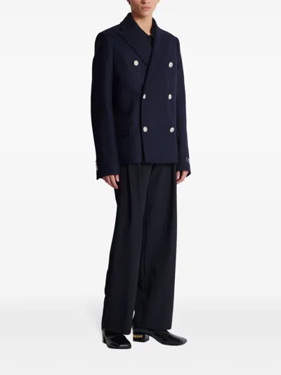 Balmain Double-breasted Coat With Logo Buttons In Blue