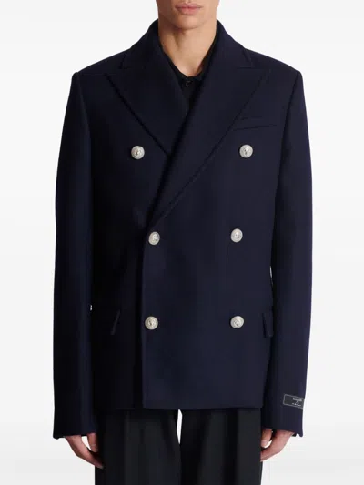 Balmain Double-breasted Coat With Logo Buttons In Blue